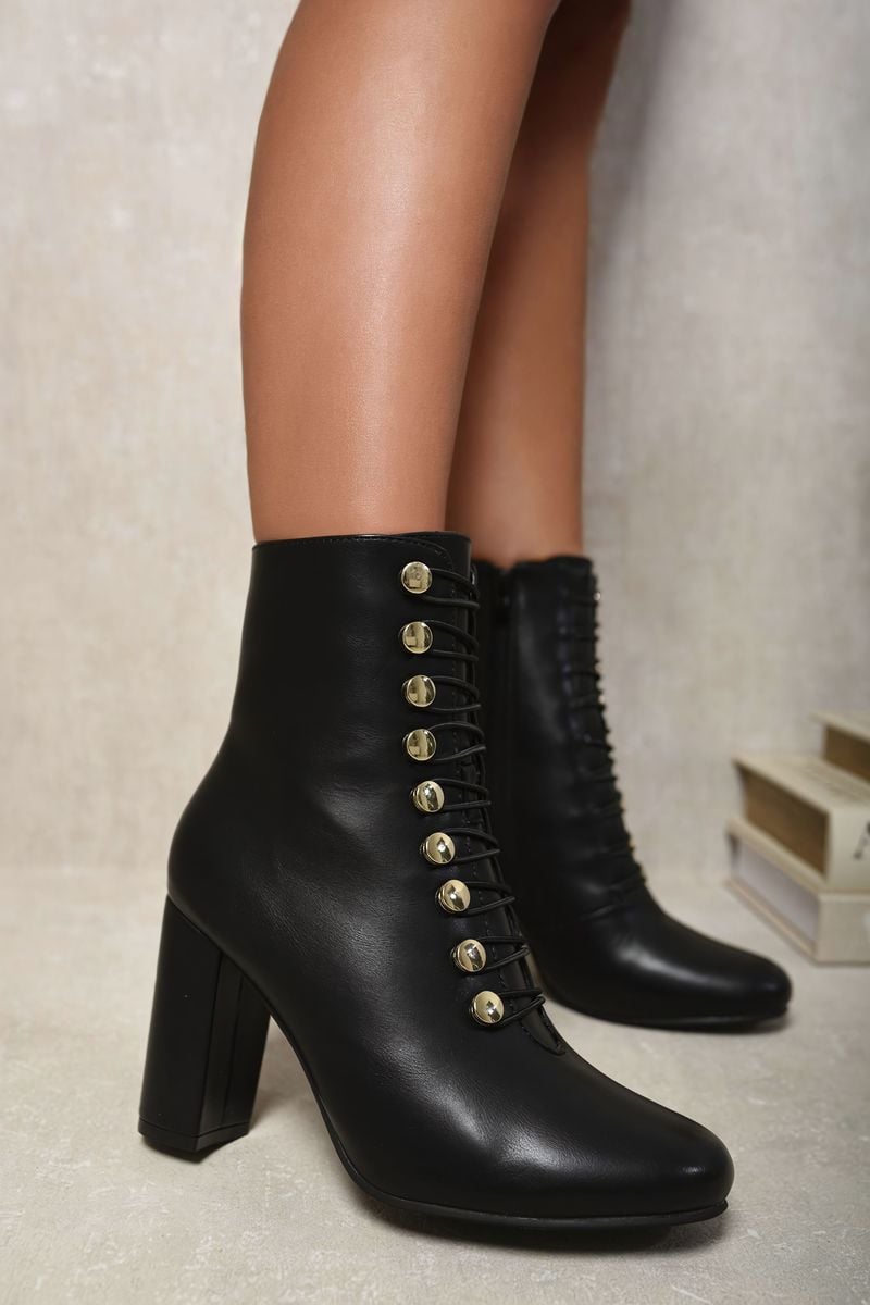 Button Detail Block Heel Lace Up Ankle Boots Moda