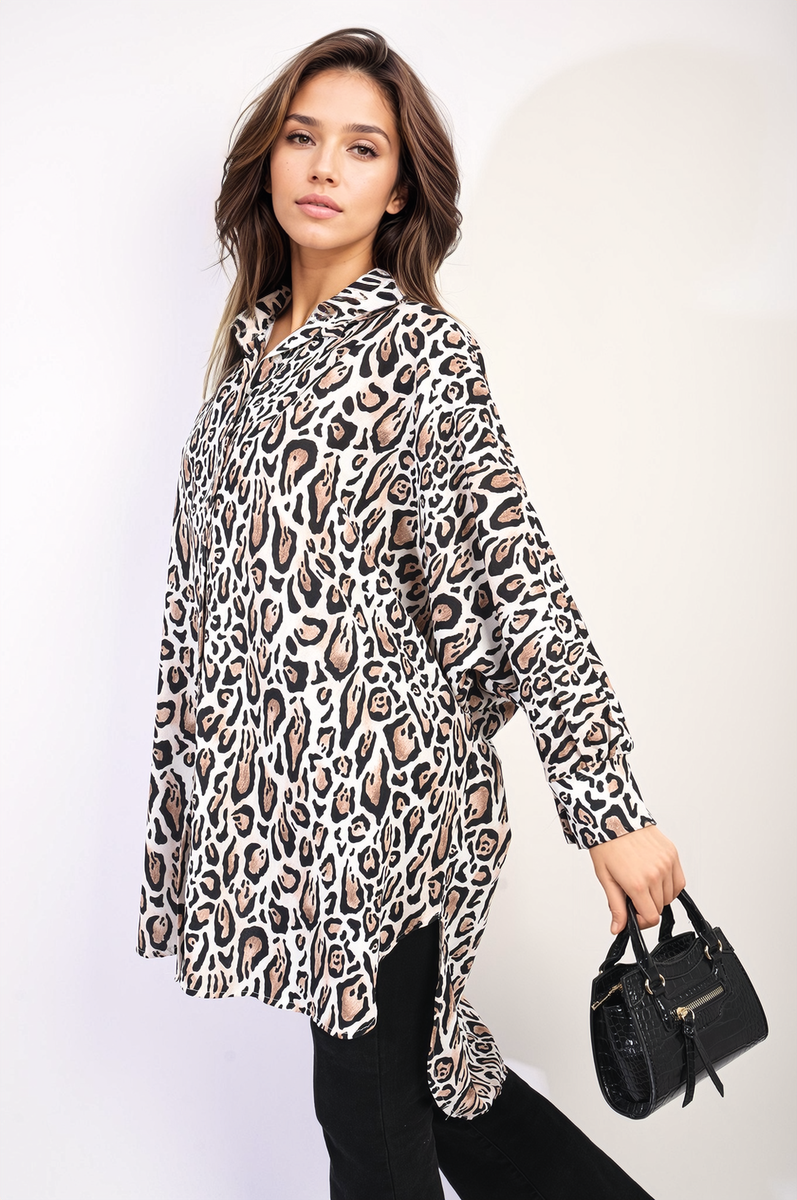 Oversized Long Sleeve Leopard Print Shirt Dress Moda