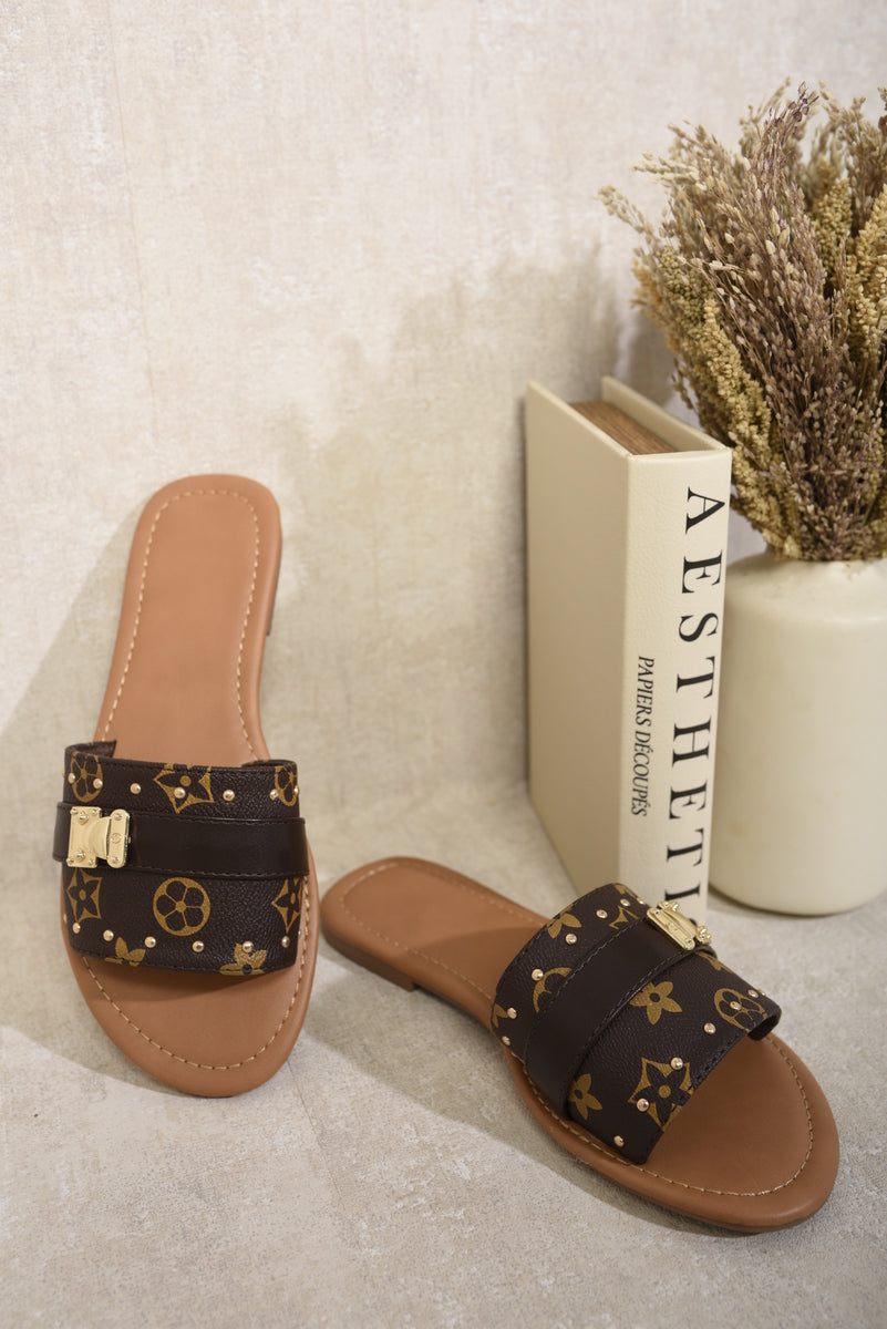 Open Toe Printed Flat Sandals Moda