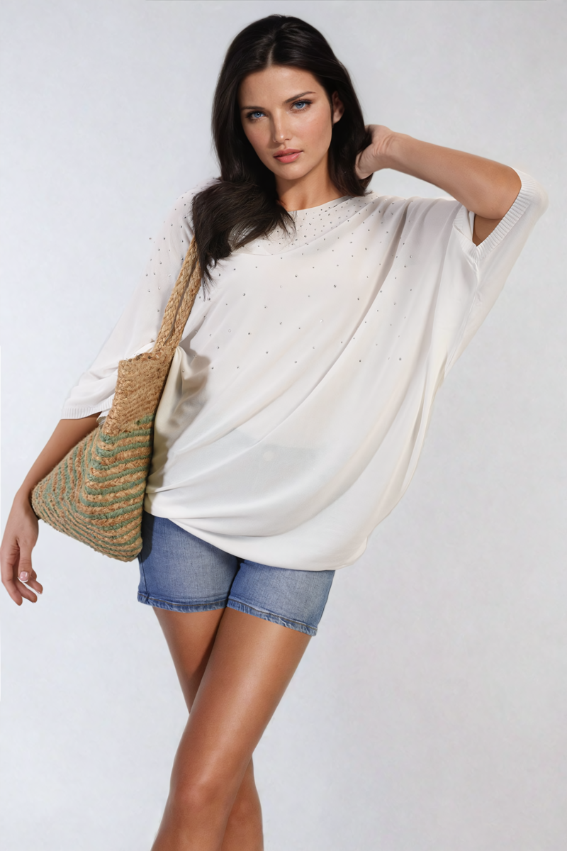 Round Neck Studded Oversized Top Moda