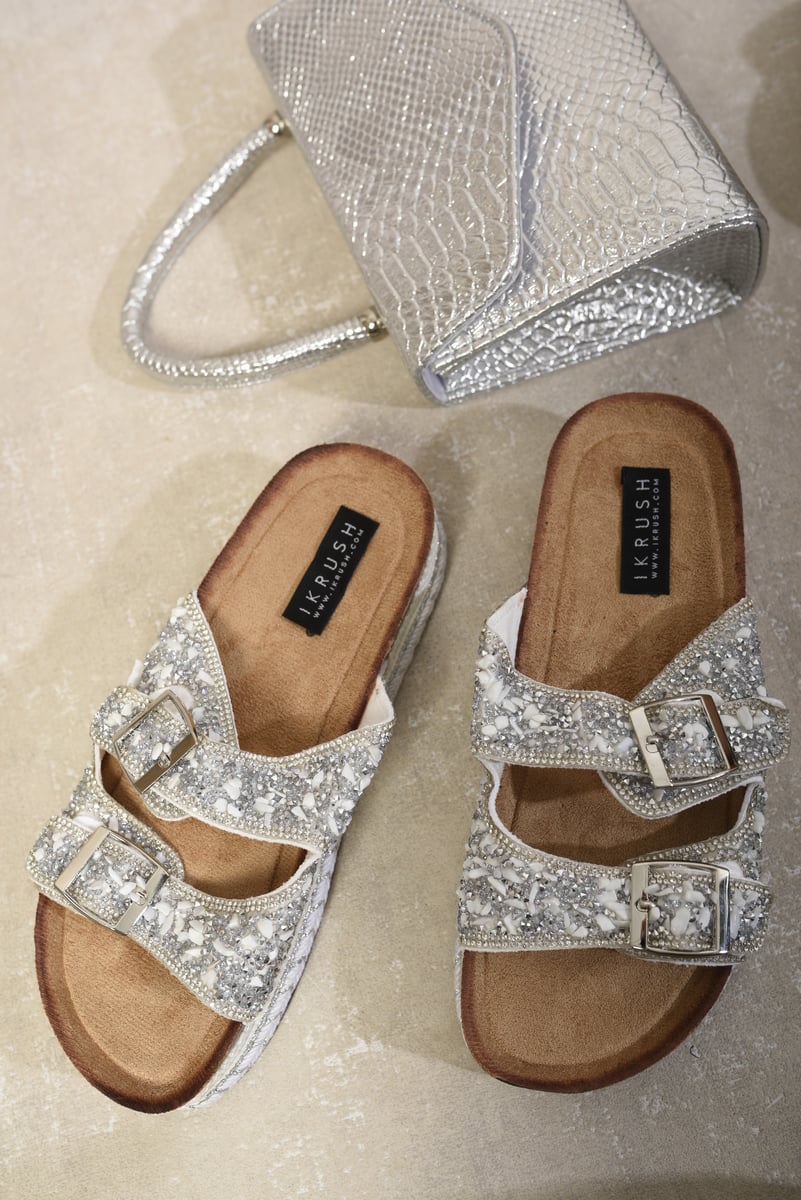Embellished Stone Double Buckle Platform Sandals Moda