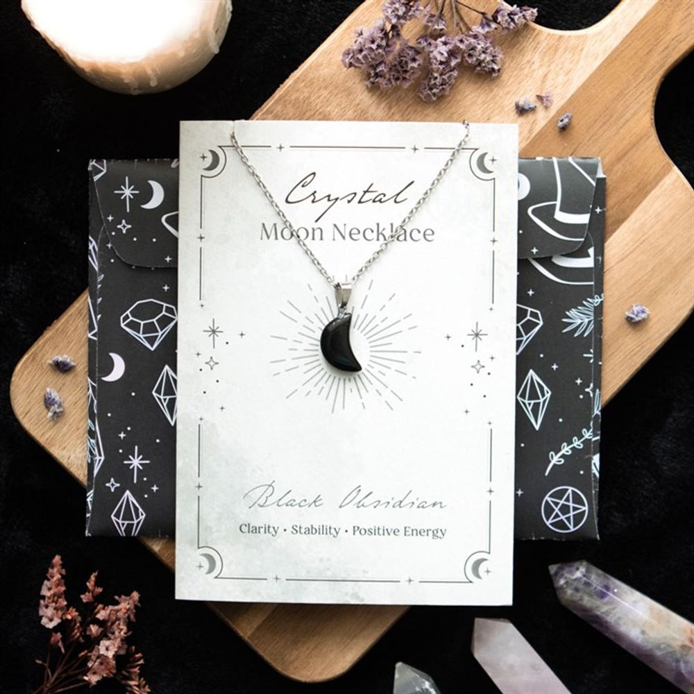 Black Obsidian Crystal Moon Necklace on Greeting Card N/A