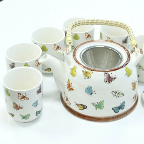 Herbal Teapot Set - BUTTERFLIES -with metal strainer in the lid and six matching Handmade