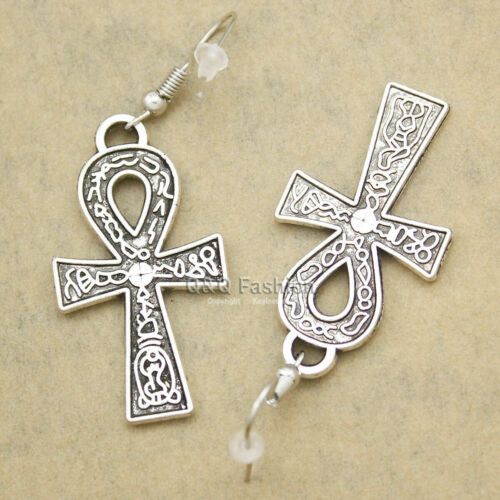 Vintage Egypt Cleopatra Ankara Hieroglyphic Ankh Cross Metu Dangle Earrings Handmade