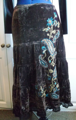 STEAMPUNK/goth/BOHO/PUNK brown velvet long SKIRT,SIZE12/14,lined,embroidered Anne Carson