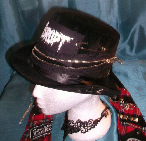 BESPOKE/STEAMPUNK ROUNDED VELVET TOPHAT-RED/BLACK FEATHER embellishmenTS UNBRANDED