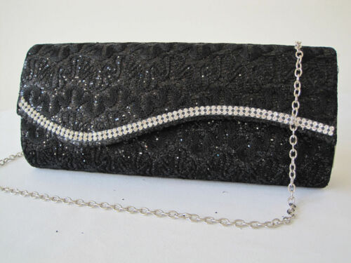 NEW BLACK SATIN-RUFFLE & DIAMANTE EDGE-EVE BAG/BAG/Clutch/Purse/Party Bridal Unbranded
