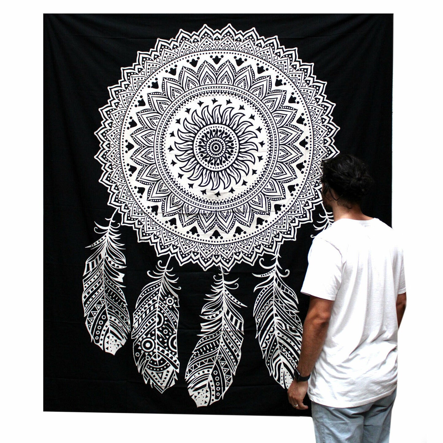 B&W Double Cotton Bedspread/Wall Hanging-Dreamcatcher-Width: 200cm Height: 230CM Handmade