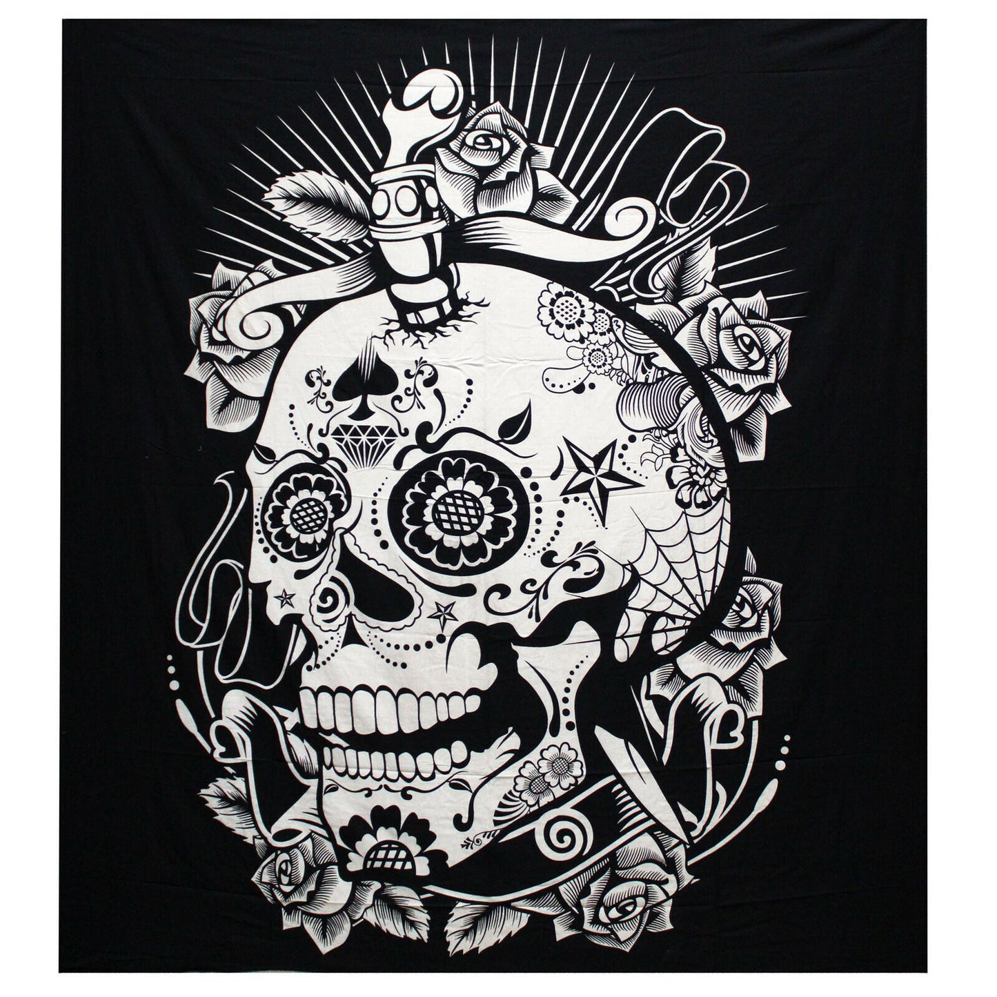 B&W Double Cotton Bedspread/Wall Hanging-ROSE SKULL-Width: 200cm Height: 230CM Handmade