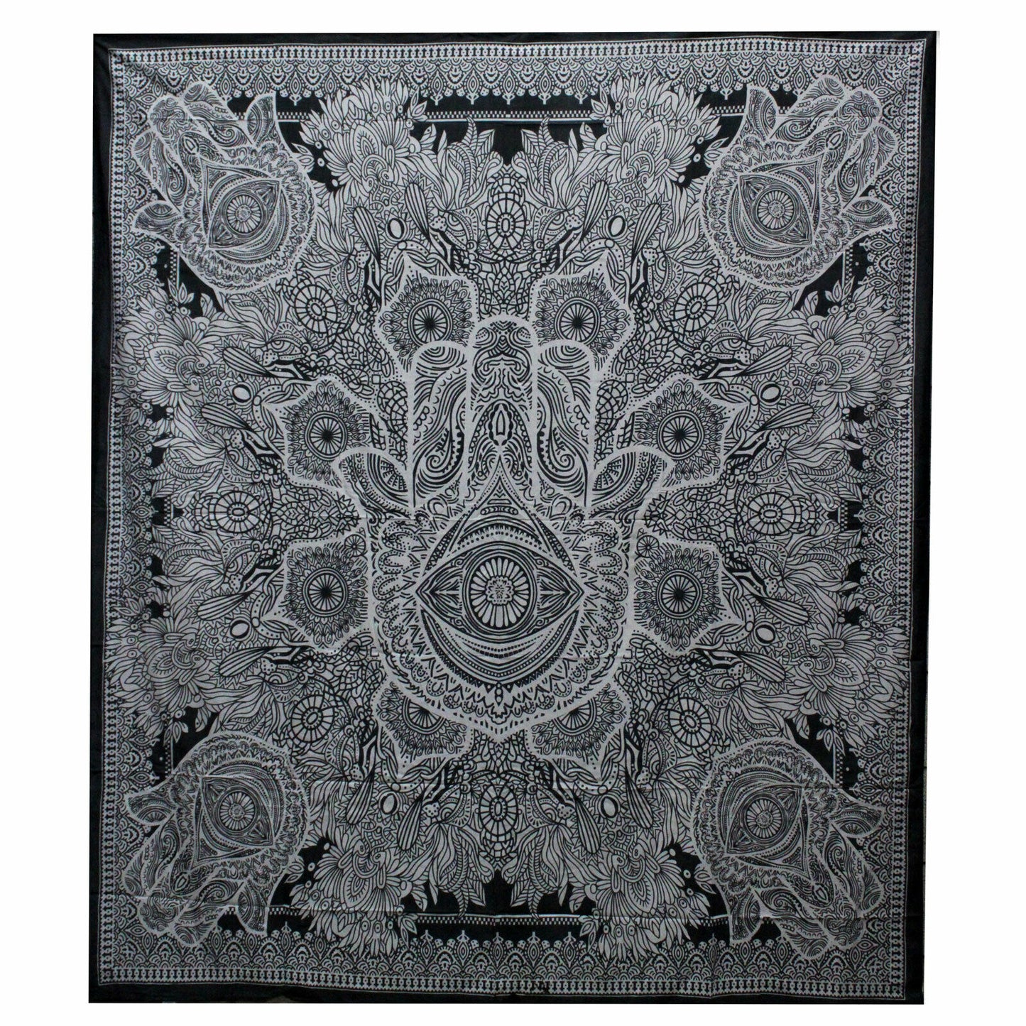 B&W Double Cotton Bedspread/Wall Hanging-HAMSA-Width: 200cm Height: 230CM Handmade