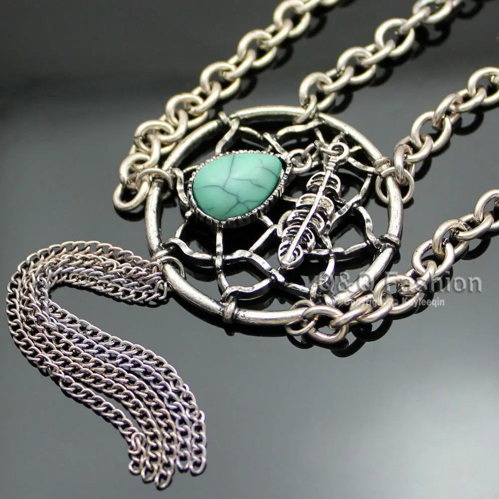 American Indian Dream Catcher Turquoise Feather Chain Gypsy Boho Bib Necklace Handmade