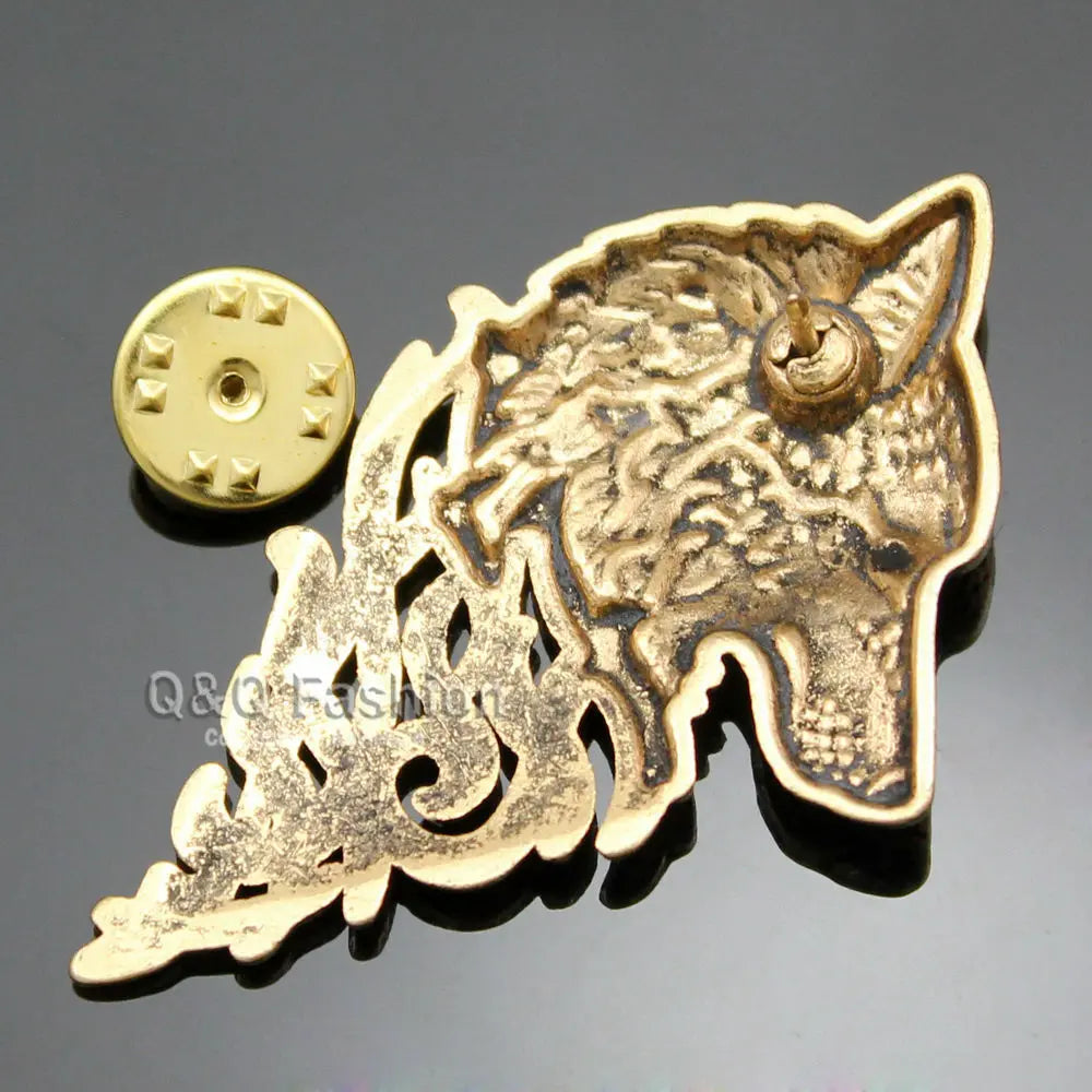 Art Nouveau Dire Wolf Head Coyote Antique Gold NAVAJO Lapel Brooch Pin Badge Unbranded