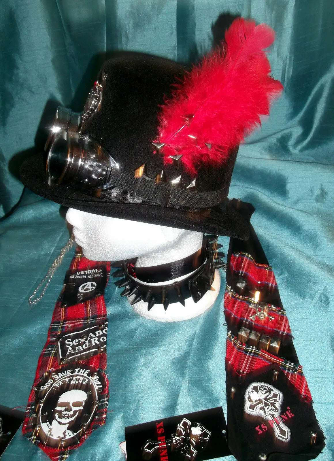BESPOKE-RED STEAMPUNK unisex felt/velvet rounded TOP hat & cyber welding goggles UNBRANDED