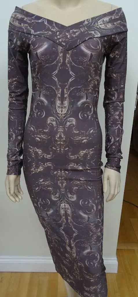 BITCHING & JUNK FOOD ladies scroll print body con maxi dress MEDIUM 10 PUNK GOTH Bitchin & Junk Food