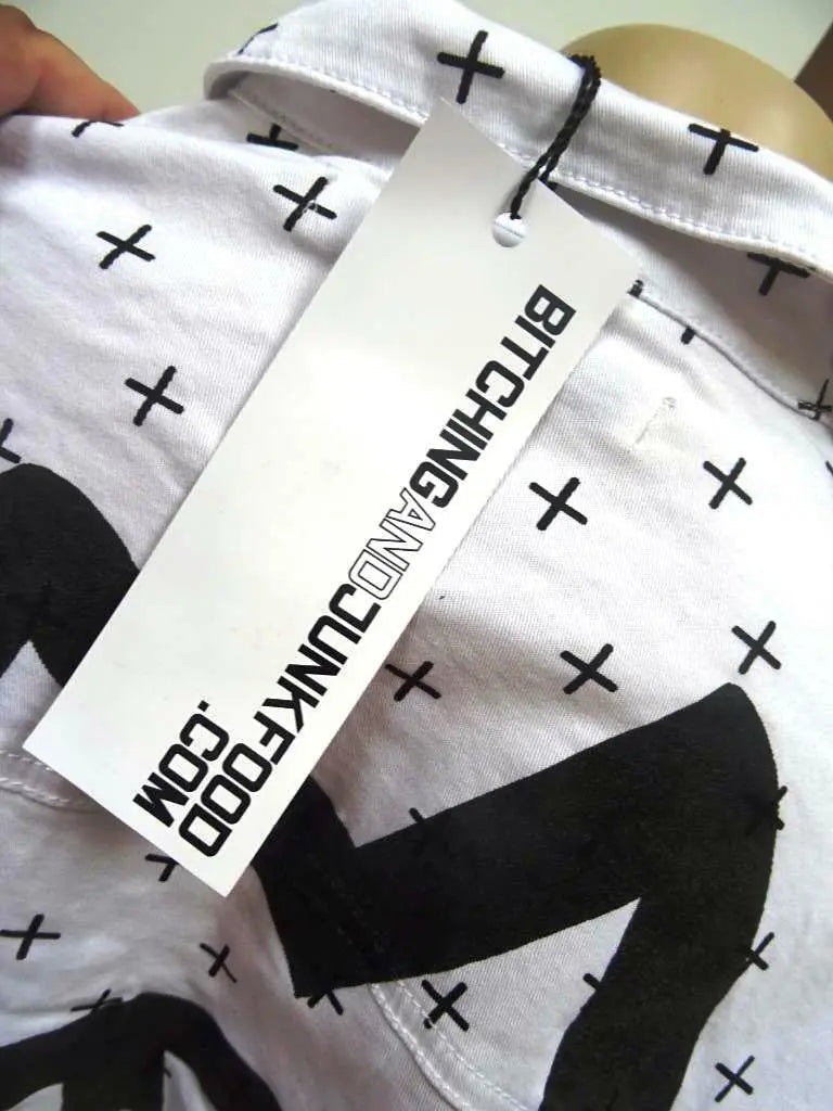 BITCHING & JUNK FOOD ladies white cross denim jacket pop punk goth LARGE 14 NEW Bitchin & Junk Food