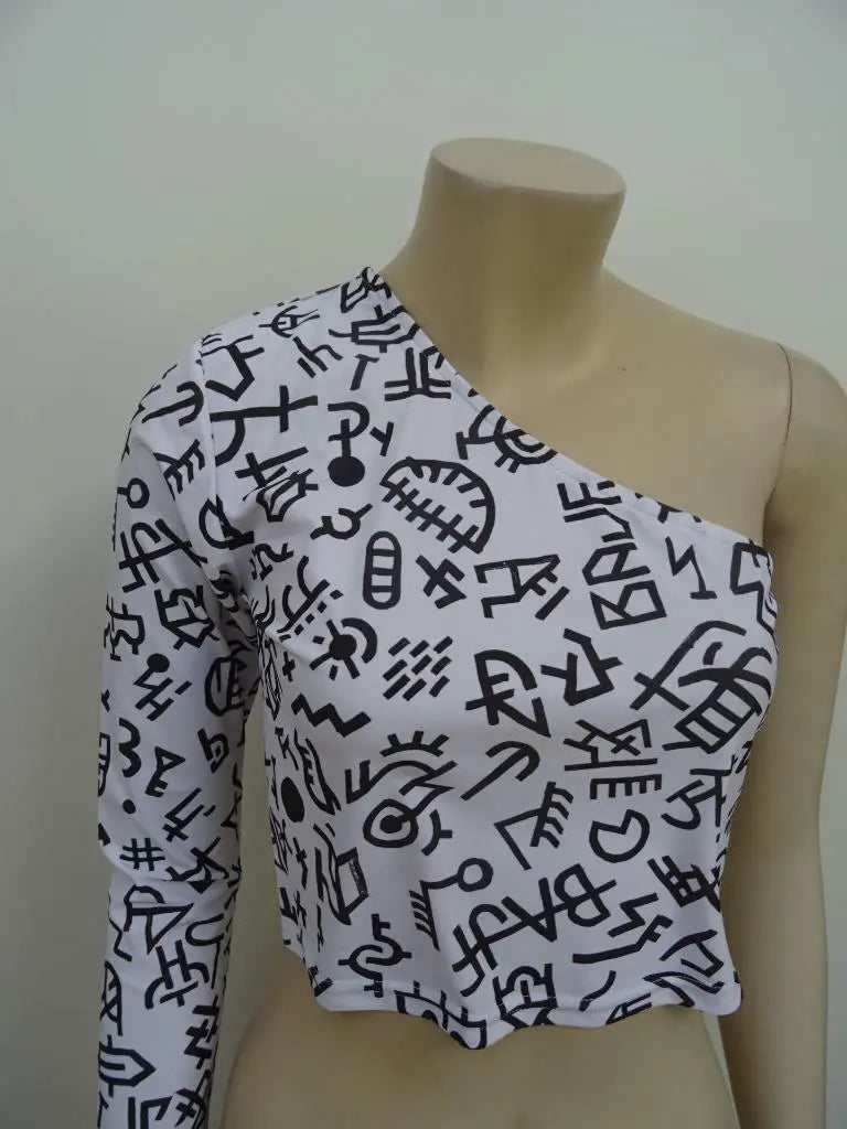 BITCHING & JUNKFOOD ladies white black motif one sleeve top UK 8 GOTH PUNK BITCHING & JUNKFOOD