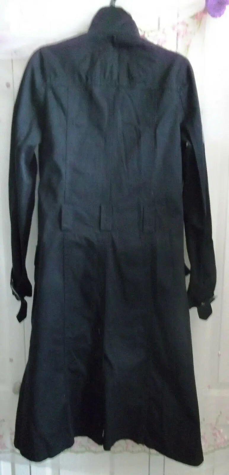 BLACK PUNK/Gothic Long Black canvas Trench Coat Buckles & buttons,.SIZE 10 UK Miss Posh