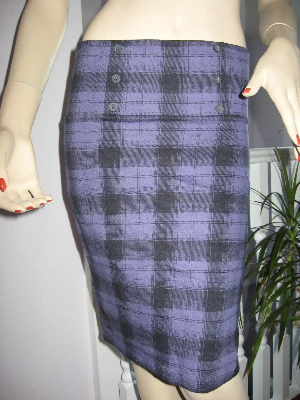 Black purple tartan check pencil skirt size 10 Goth Rock Party Unbranded
