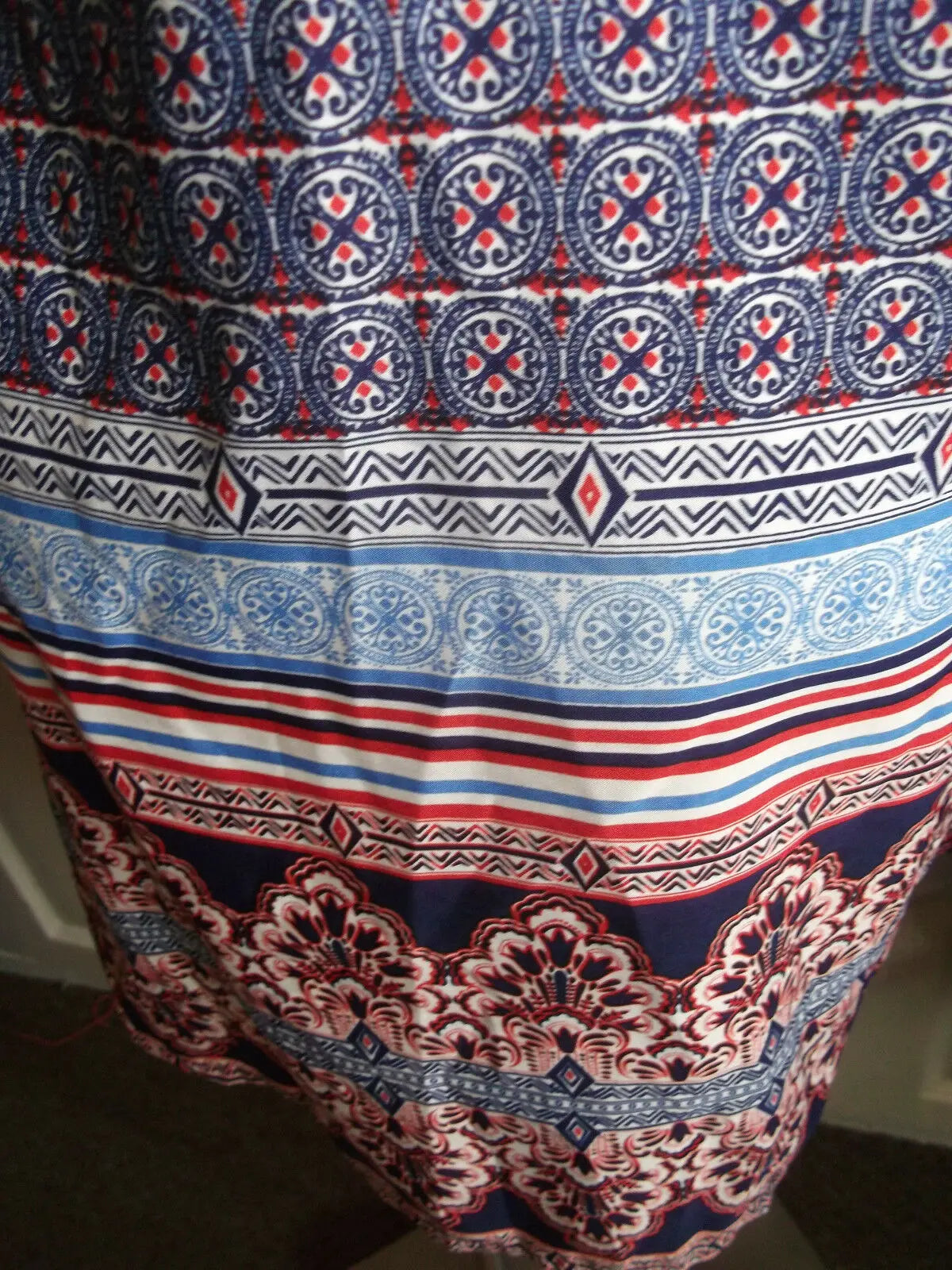 Boho/Festi/Beach/ tunic-blue/red design silky,size12,new,button back,crease free Unbranded