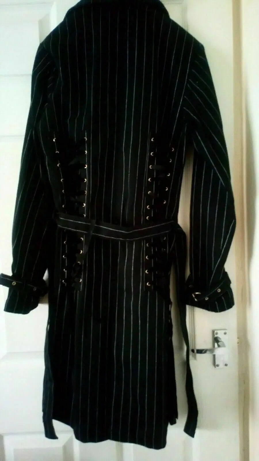 CRIMINAL DAMAGE- GOTH/EMO/PUNK BLACK WHITE STRIPE CORSET COAT VGC.SIZE M Criminal Damage