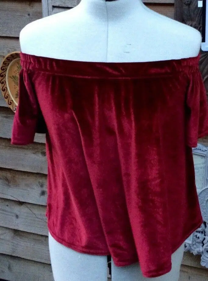 Fabulous deep red Ladies Scarlet Velvet Off The Shoulder Top Size 10 Unbranded