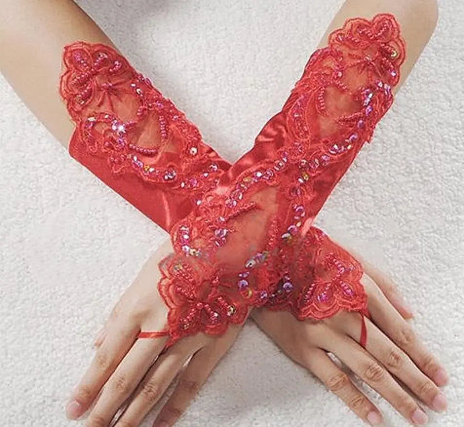 Goth/steampunk/ burlesque Lace Pearl Satin Bridal Fingerless Gloves.black or red Unbranded
