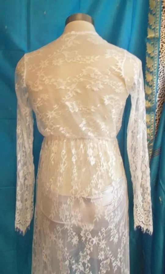 Gothic/beachwear creamfull-length,sleeves C-Through Floral Pattern Lace Cover-Up Unbranded