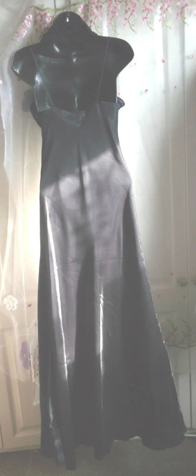 Gothic black satin full length ball gown with satin roses on bodice. Size 8 /10 Lautinel Paris