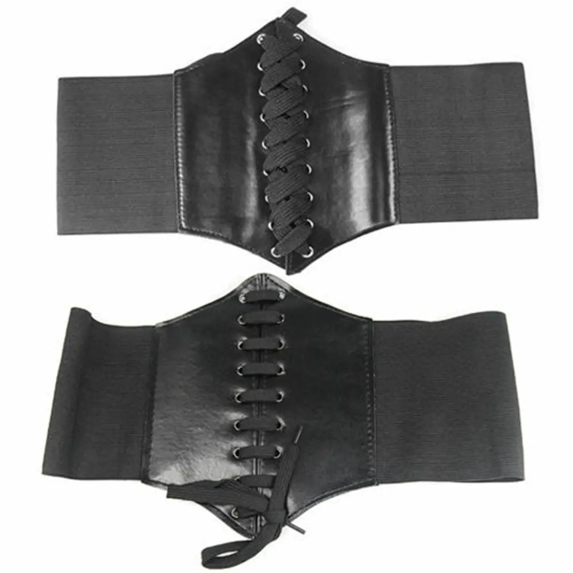 LEATHER-look WAIST CLINCHER BELT WIDE BAND ELASTIC TIED WASPIE CORSET BLACK UK Unbranded