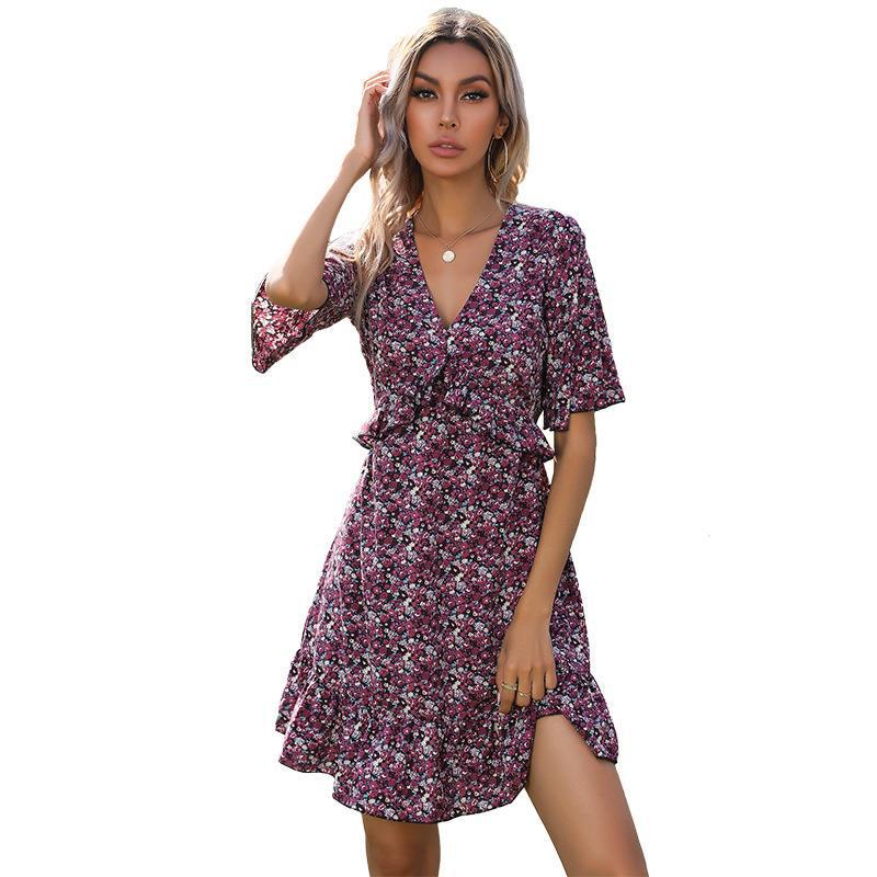 V-neck Short Sleeve Backless Ruffle Dress FashionExpress