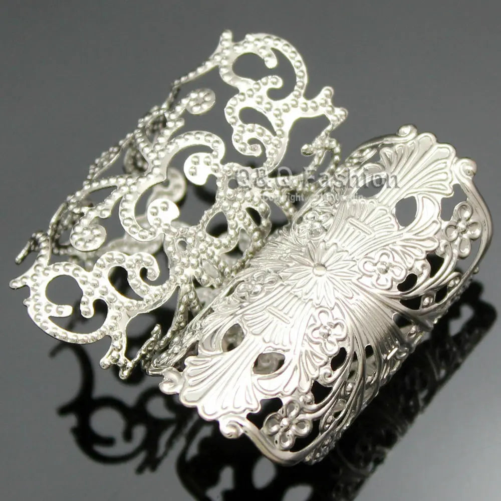 Ornate Set of 3 Silver Cross Filigree Lace Flower Cut Out Aztec Stack Band Ring kayleeqin