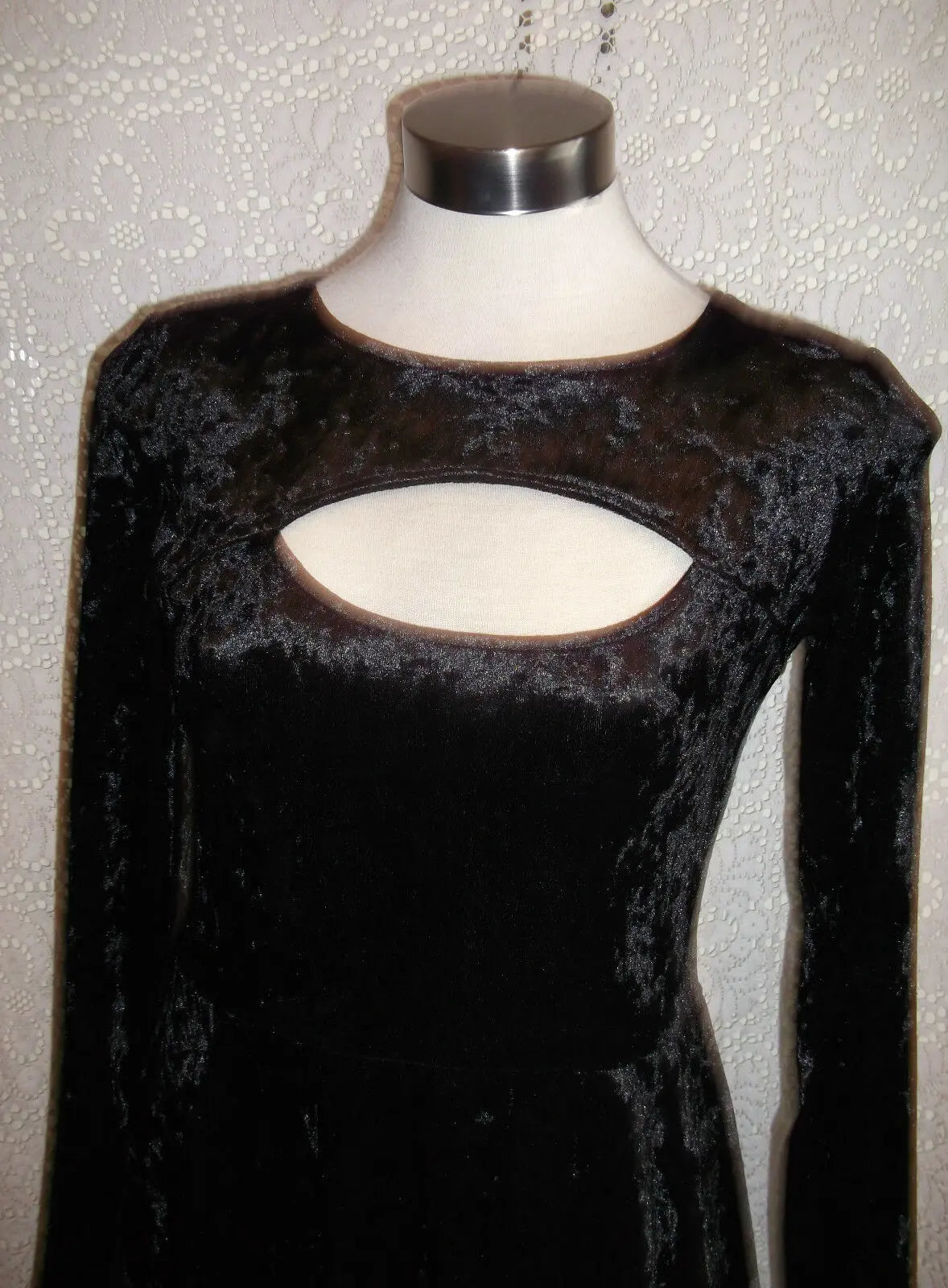 PUNK/GOTH/BLACK VELOR DRESS Dress size12-CUT-OUT SECTION AT BUST,FLOATY SKIRT. LITTLE MISTRESS