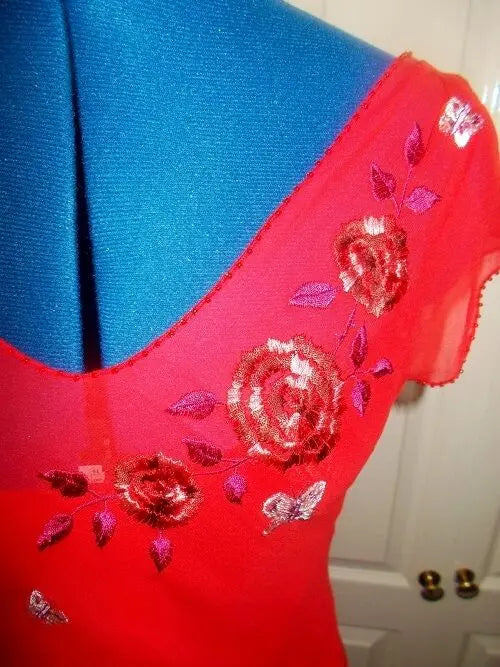 Stunning new red dress MNG label. Hand-embroidered panels, lined, floaty skirt, MNG