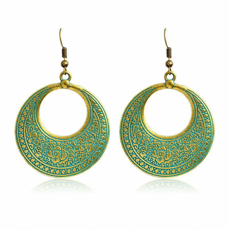 Vintage Tibetan Silver Hoop Earrings Ethnic Tribal Boho Dangle Earrings-alloy Unbranded