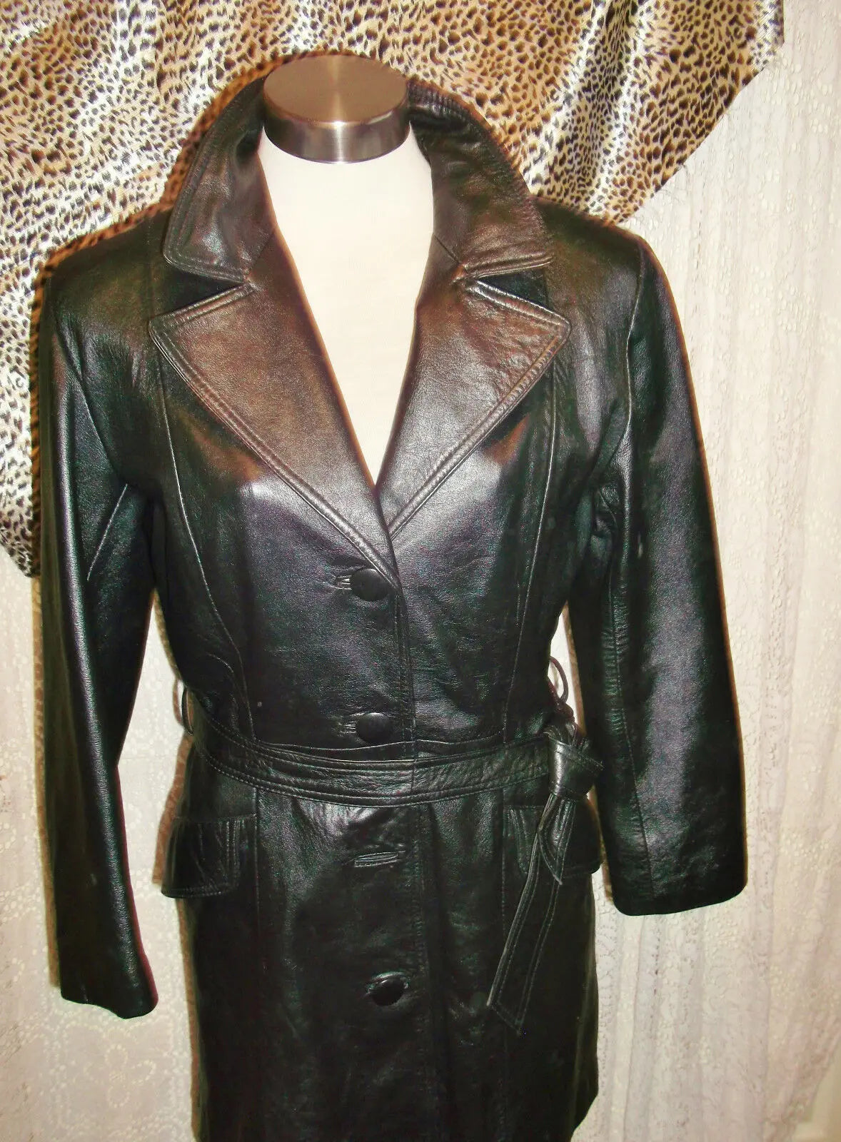 Vintage soft black leather 3/4 coat.size small, tie-up waist,button front Front