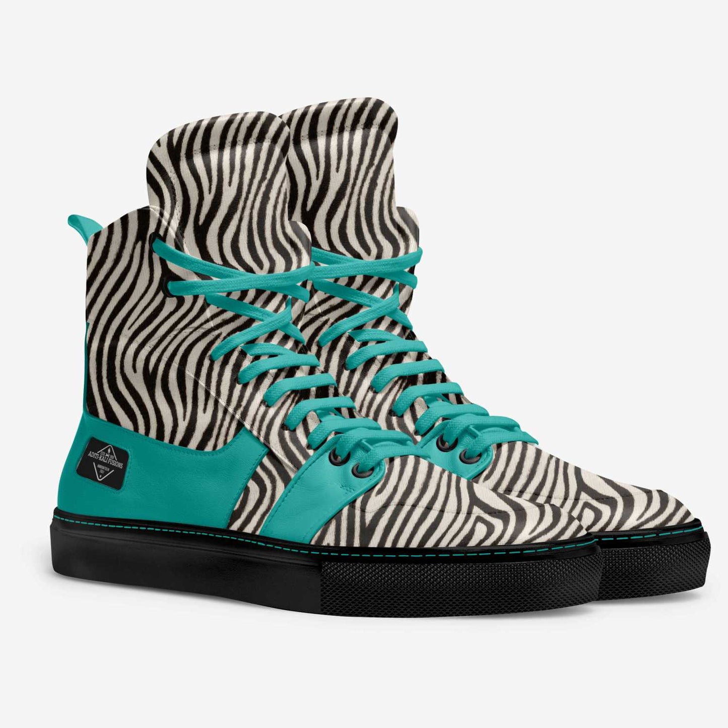 aditi-kali fusions-extra high top-unisex-turquoise/black,white, zebra. Wonkey Donkey Bazaar