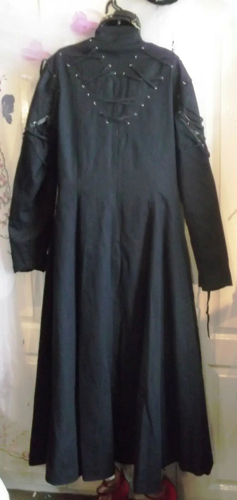 black punk/Gothic coat Raven Sdl long coat, lAce-up corsettry.STUNNING.LARGE Raven sdl