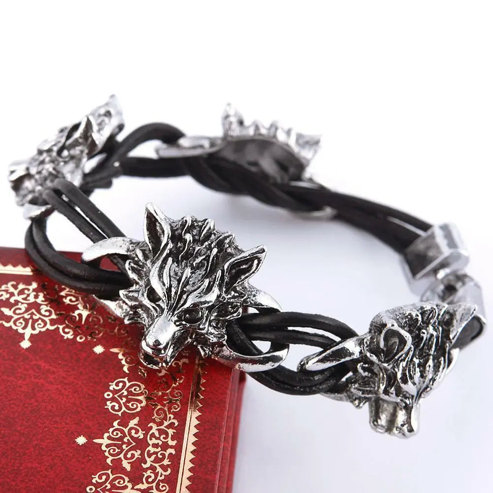 fUNKY Men's Titanium Steel Wolf Head Punk Bracelet PU Leather Wristband Jewelry Unbranded