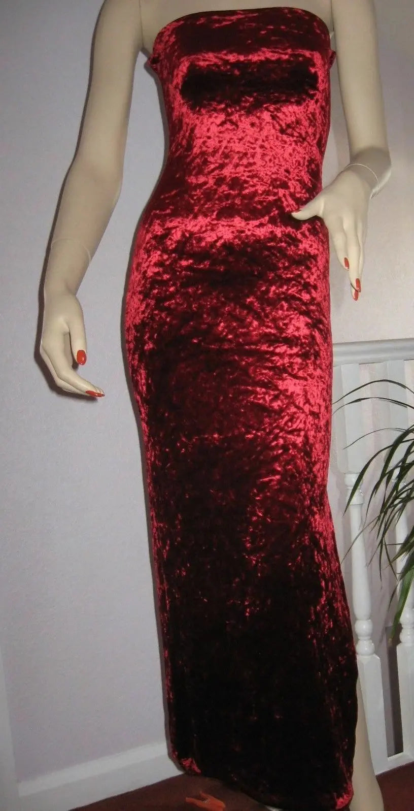 long red velvet side split evening dress Party Cocktail Size 8 Boho Hippy I.Q.