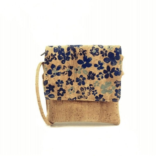 Cork Crossbody Bag with Blue Floral Pattern, Vegan Leather Cross Body Bag Women, Womens Crossbody Purse made from Cork Moddanio