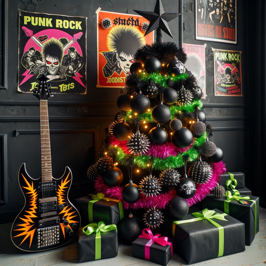 A photo showcasing a Christmas tree adorned with unique punk rock elements