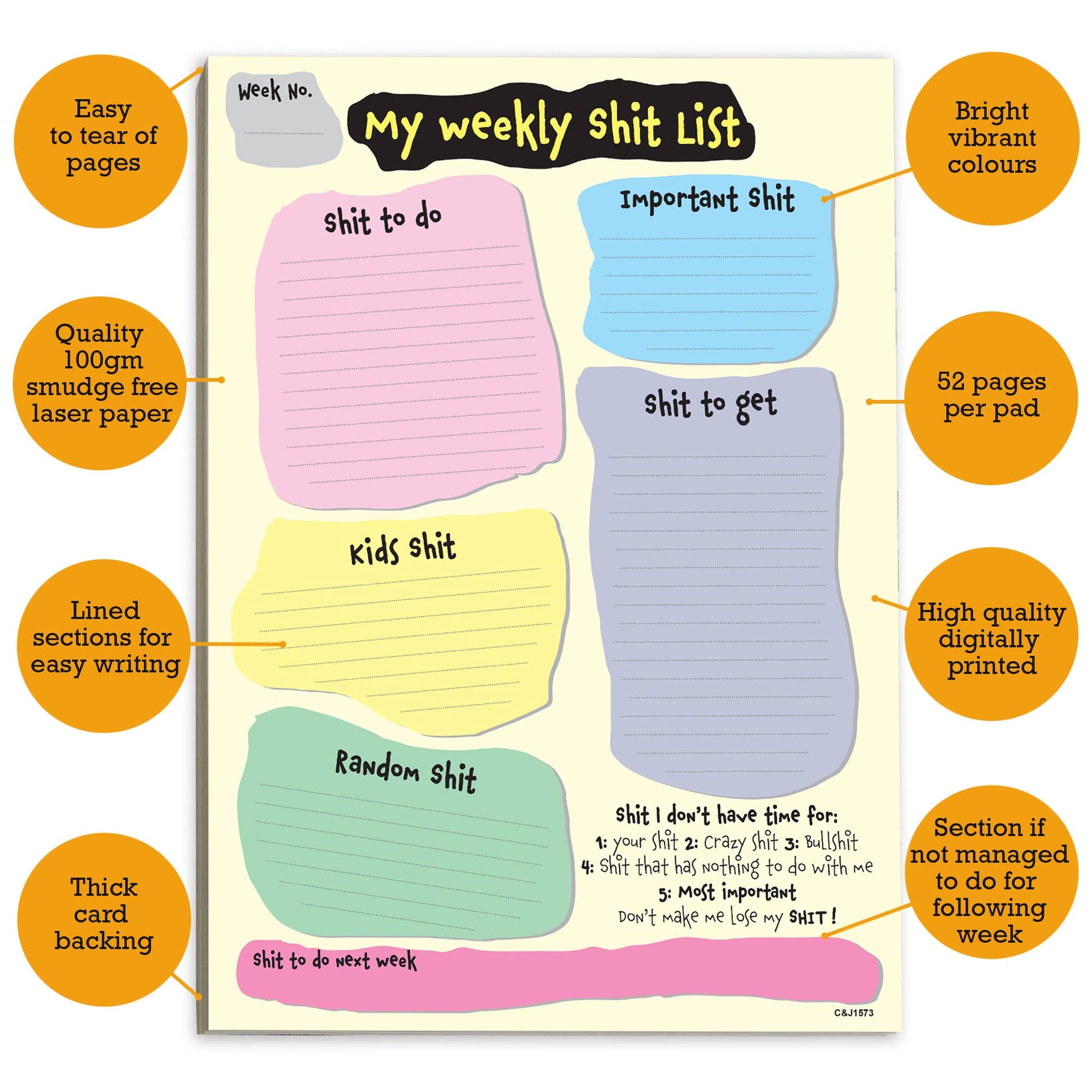 #1573 A4 Weekly Shit List Close to the Bone Greeting Cards and Gifts