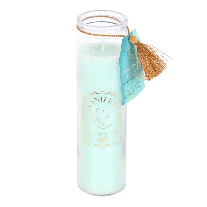 White Sage Tube Candle with Clear Quartz Crystals N/A