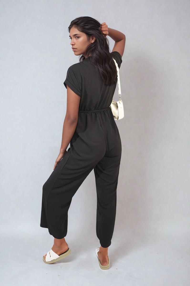 Belted V Neck Jumpsuit with Side Pockets Moda