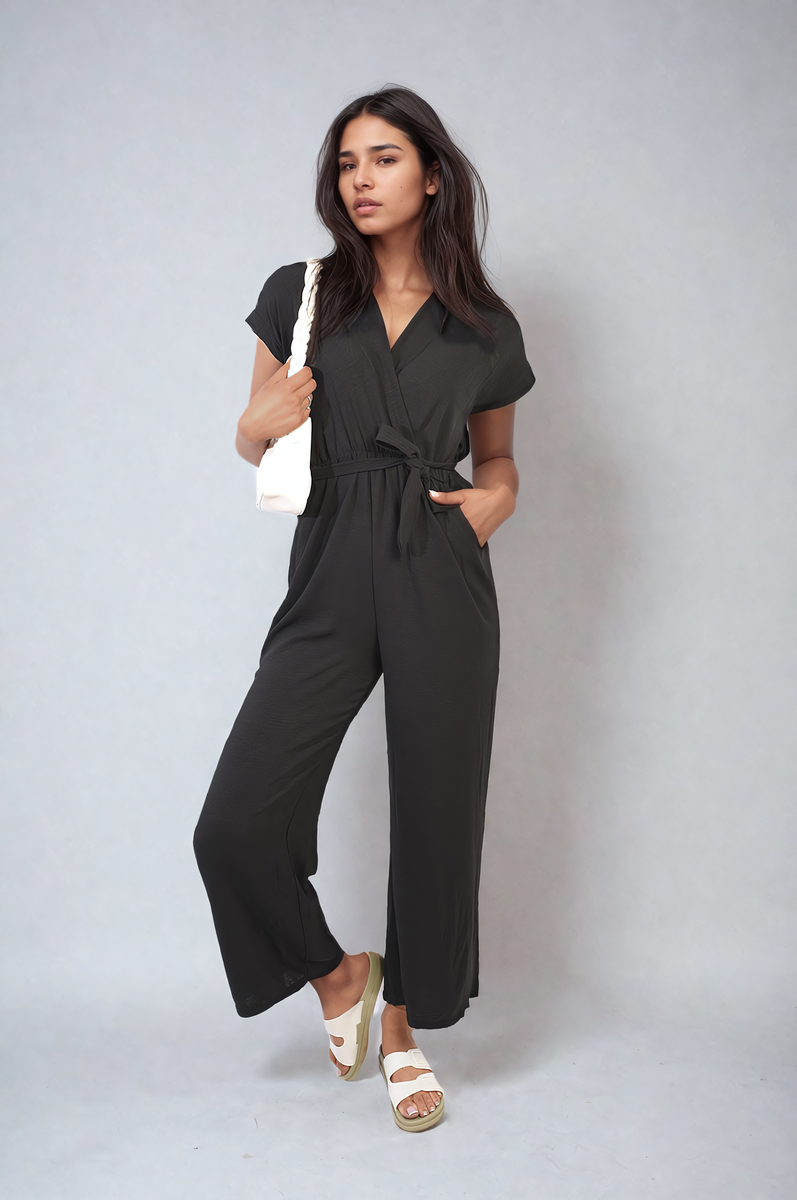 Belted V Neck Jumpsuit with Side Pockets Moda