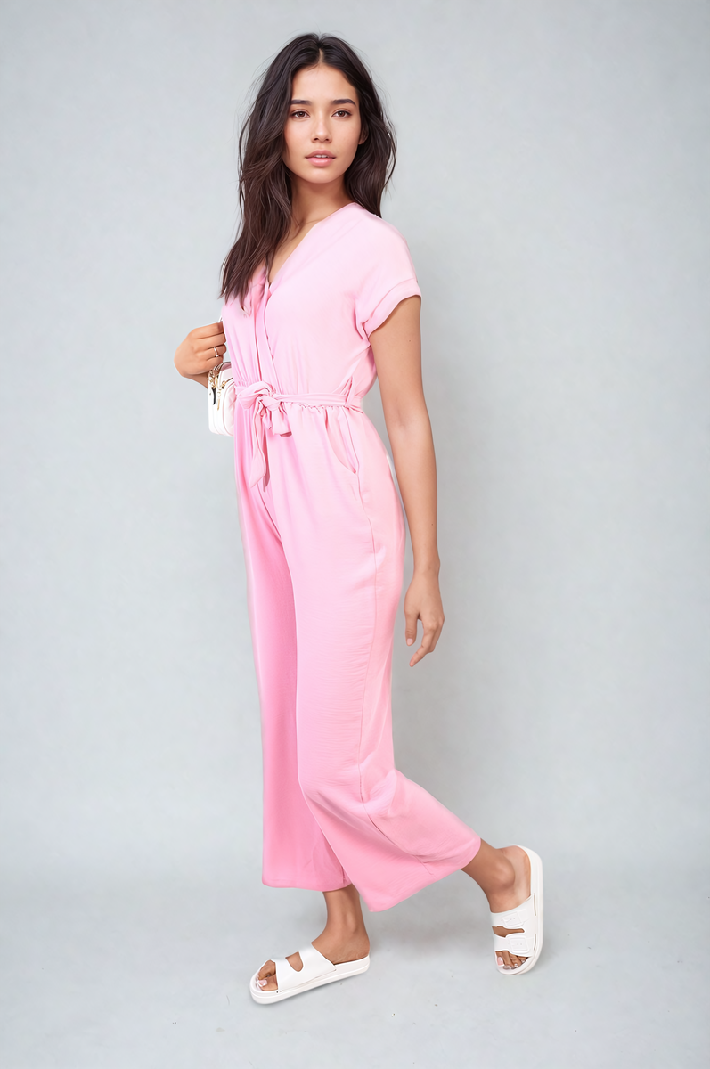 Belted V Neck Jumpsuit with Side Pockets Moda