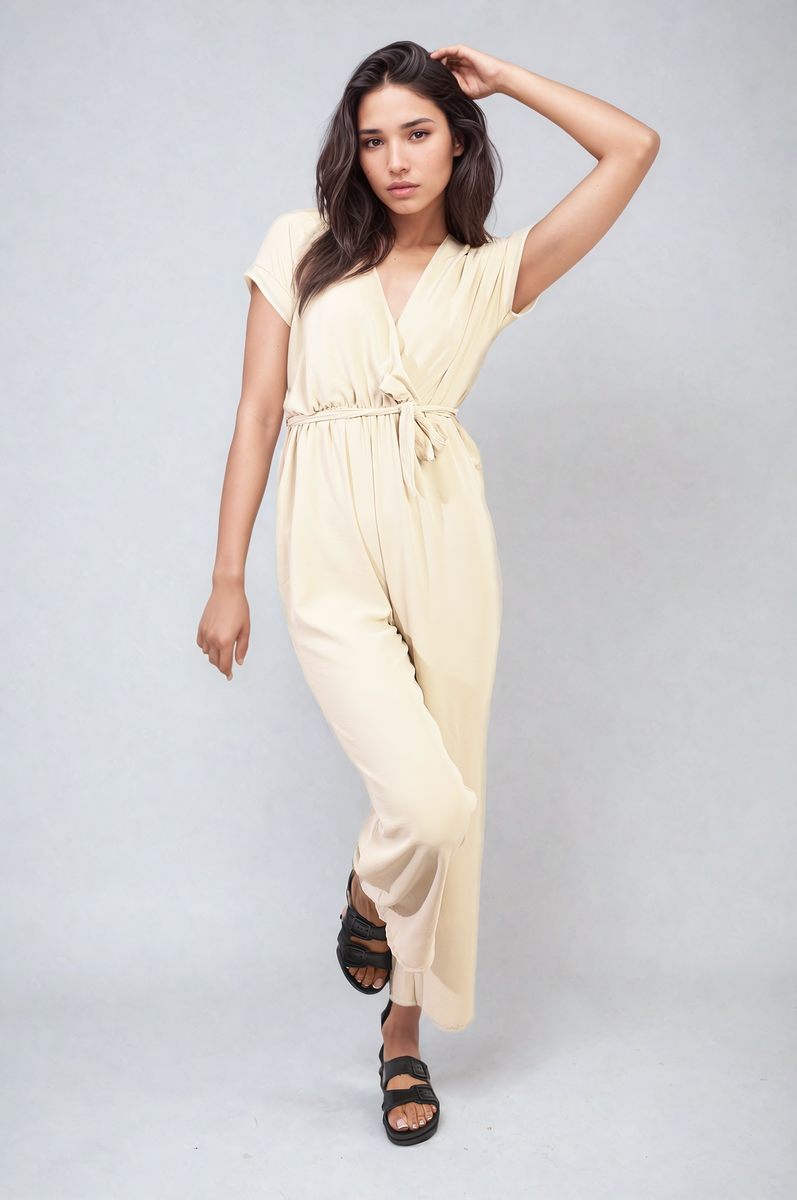 Belted V Neck Jumpsuit with Side Pockets Moda