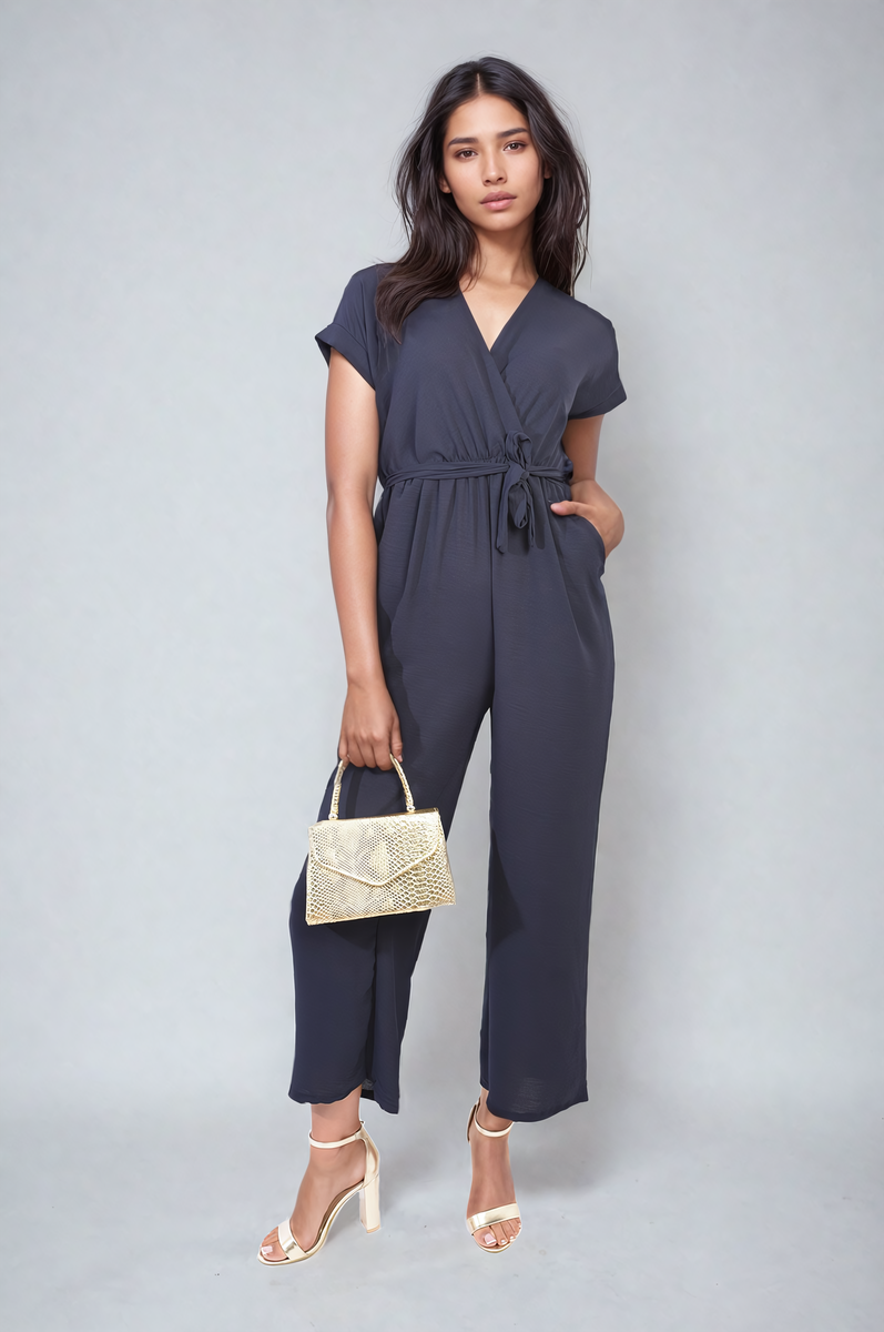 Belted V Neck Jumpsuit with Side Pockets Moda