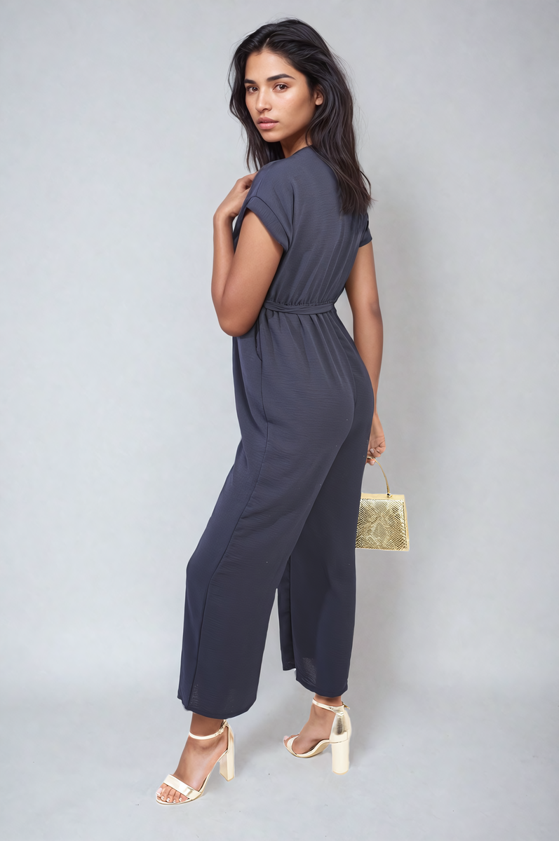 Belted V Neck Jumpsuit with Side Pockets Moda
