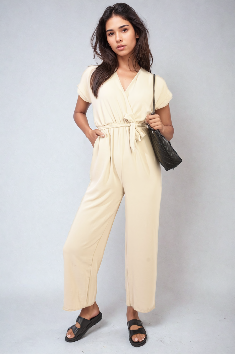 Belted V Neck Jumpsuit with Side Pockets Moda